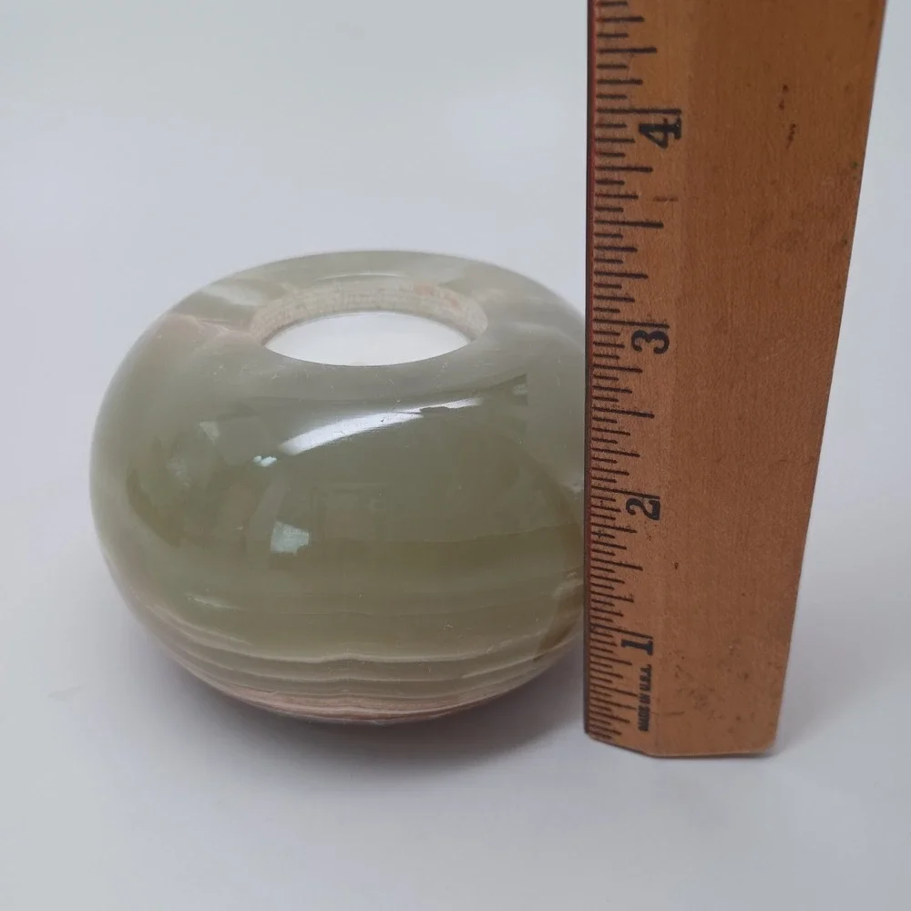Polished Alabaster Onyx Stone Tea Light Candle Holder Green Brown‎ Round Sphere
